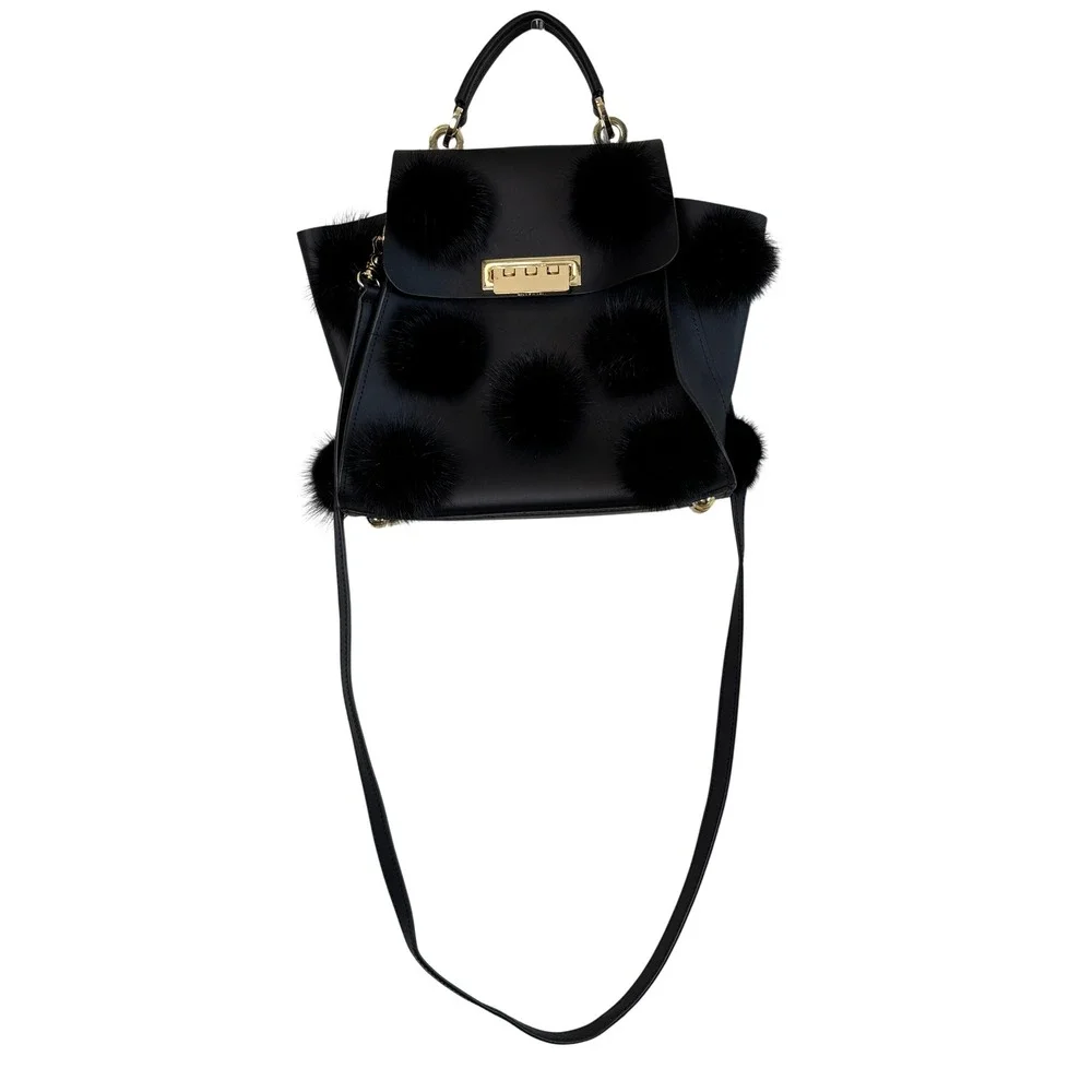 ZAC Zac Posen Eartha Iconic Convertible Backpack Black Leather Mink Fur Pom